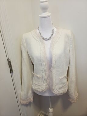 Arden B Never Worn Y2K Cream and Pink Fringe Trim Tweed Blazer
